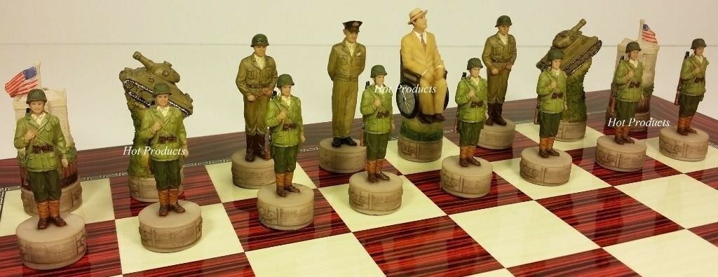 WW2 US vs GERMANY Chess Set W 17" Gloss Cherry Color Board World War 2 